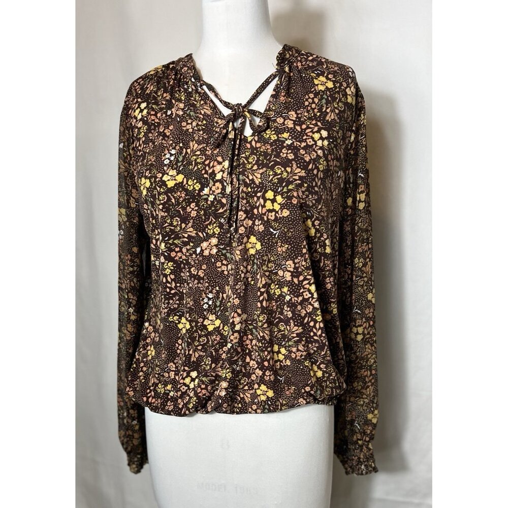 Cure Floral Blouse long sheer sleeves with gold threads sz large elastic bottom - Picture 3 of 16